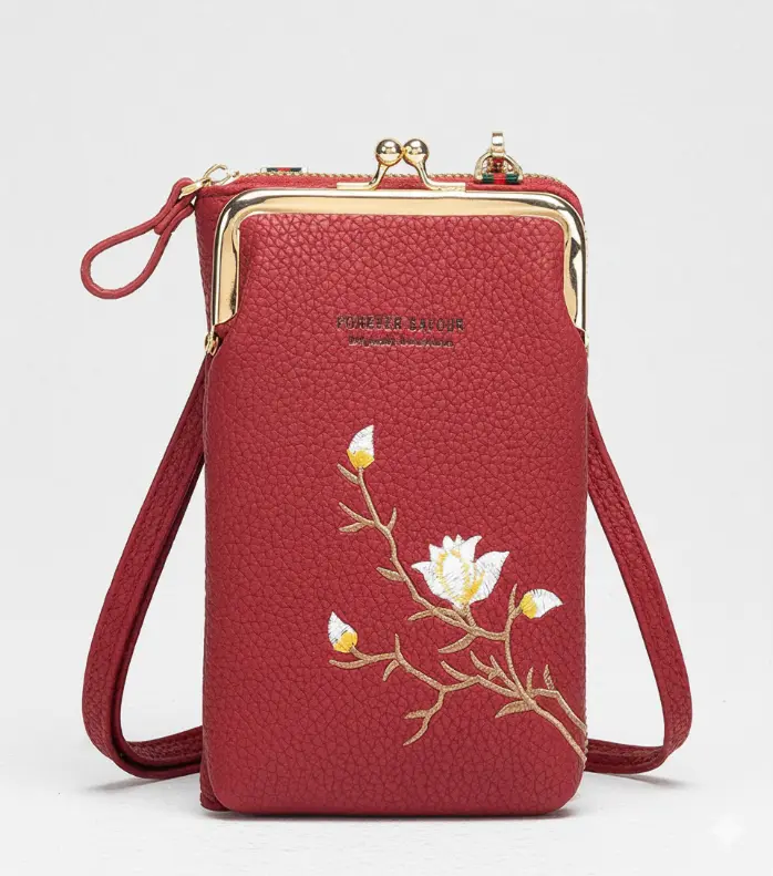 Red Women Sling Bag Pu Women's Cell Phone Cash Card Holder Cross-Body Sling Bag Mobile Pouch (Grey)